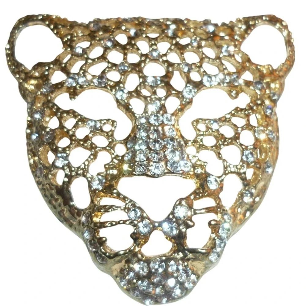 Gold Tone Rhinestone Leopard Cheetah Head pendant Statement Animal Jewelry